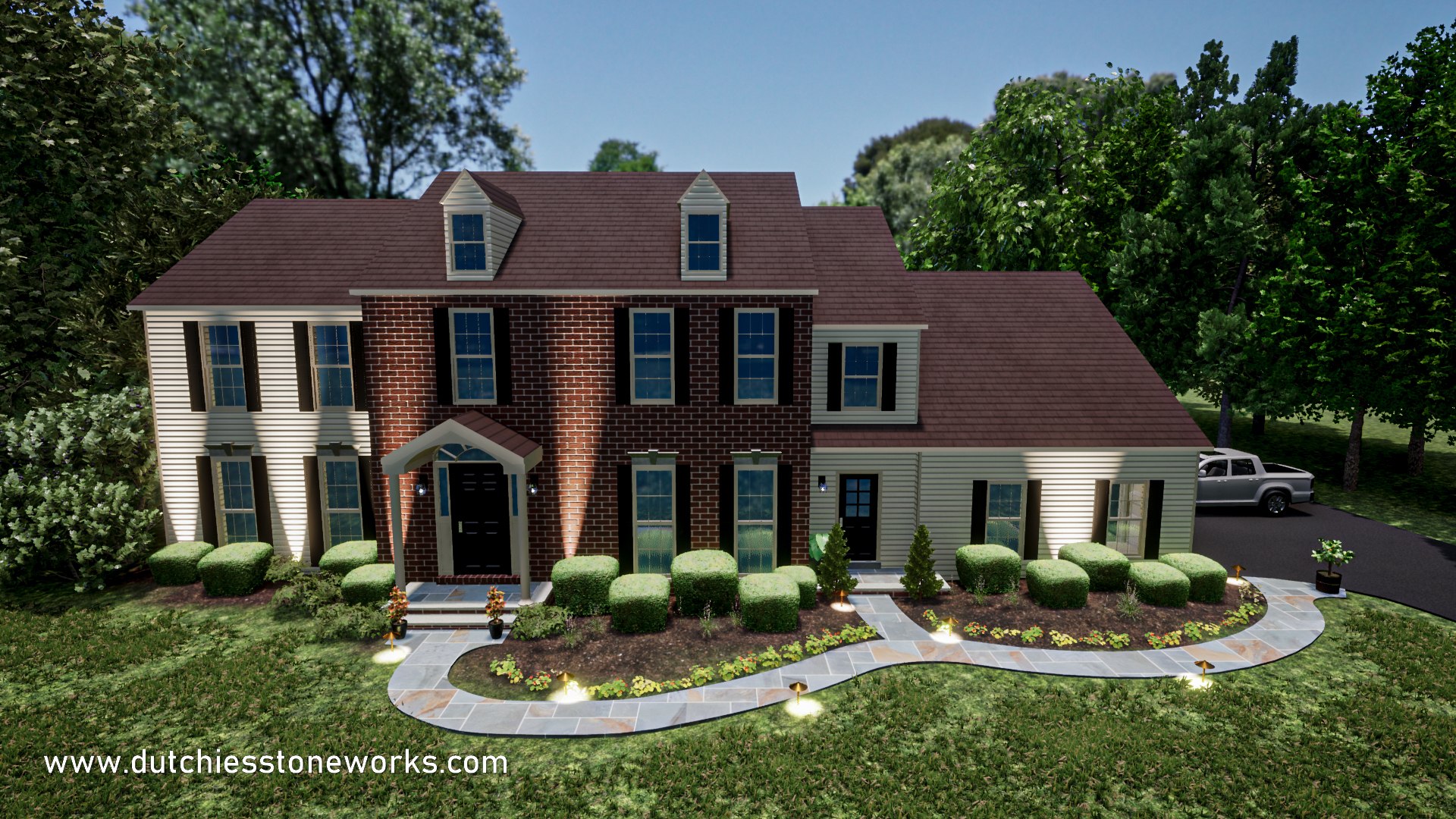 Exterior 3D rendering of a brick home with a landscaped front walk and planting design