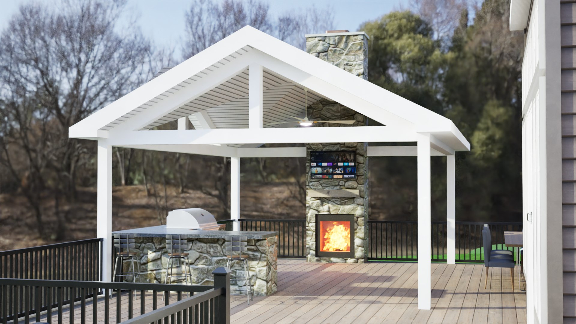 Detailed exterior visualization of a pavilion with a stone fireplace and outdoor television