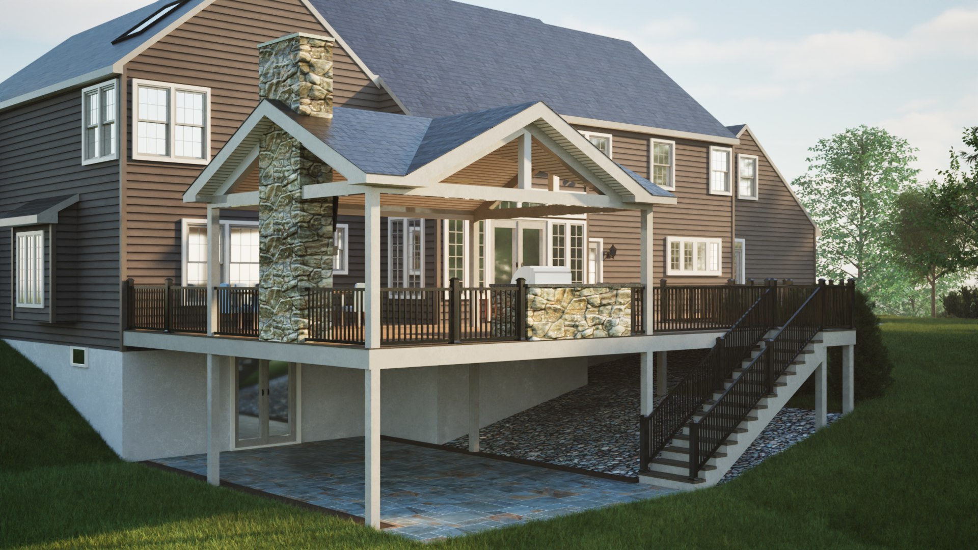 Architectural rendering of a covered deck and stone-clad house extension
