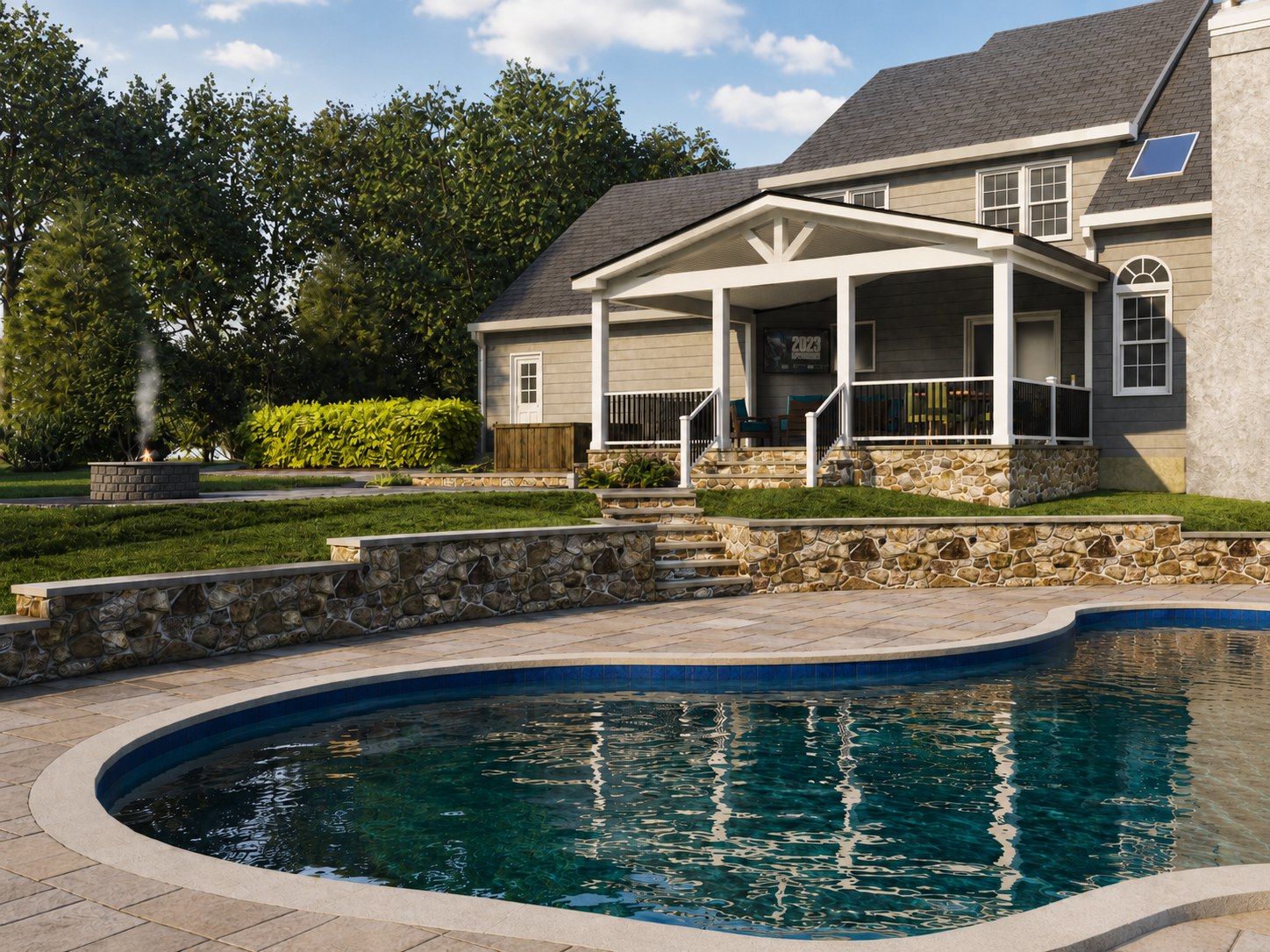 Realistic pool and pavilion visualization with stone patio and mature landscaping