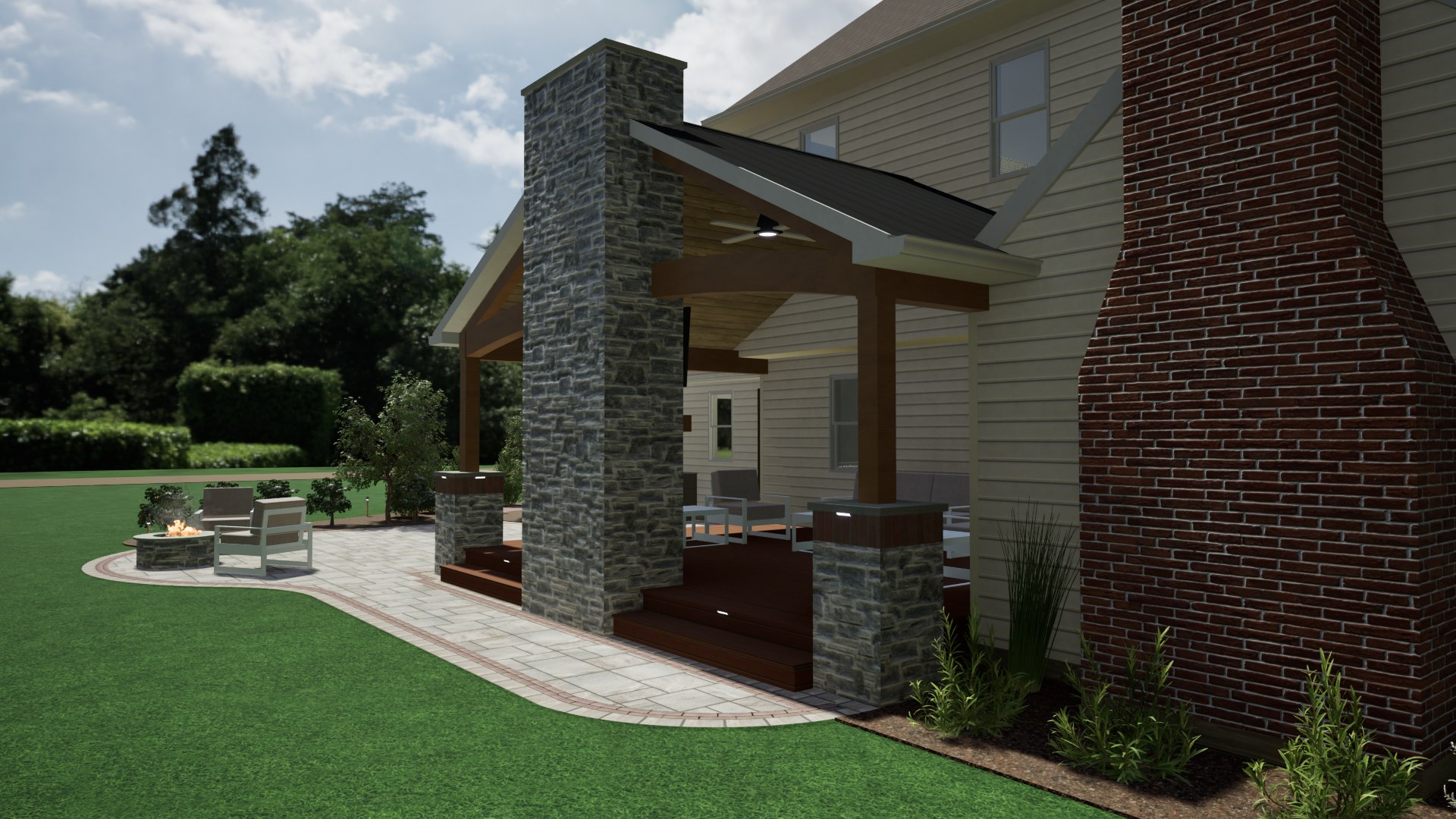 Exterior 3D view of a covered patio with a stone fireplace and connected hardscape