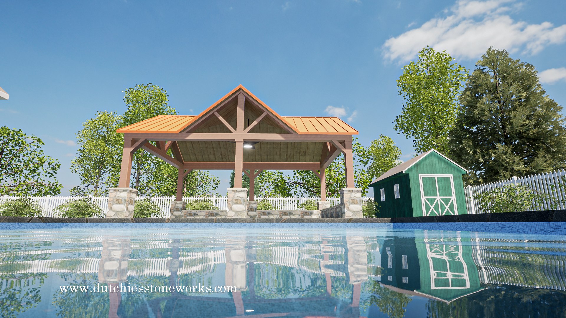 Low-angle exterior rendering across a pool toward a timber pavilion and stone fireplace