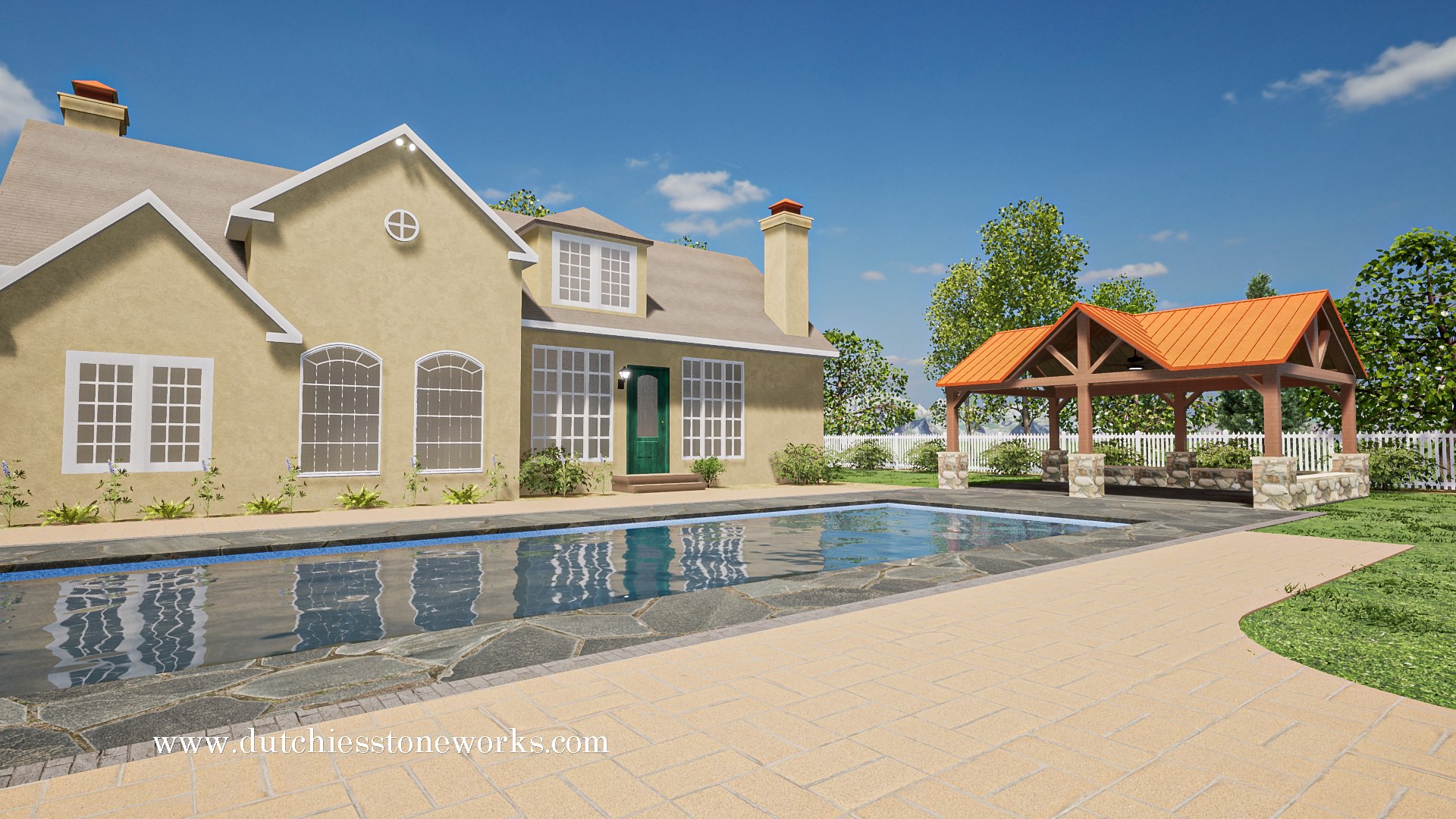 Wide exterior visualization of a pool, pavilion, residence, lawn, and surrounding patio