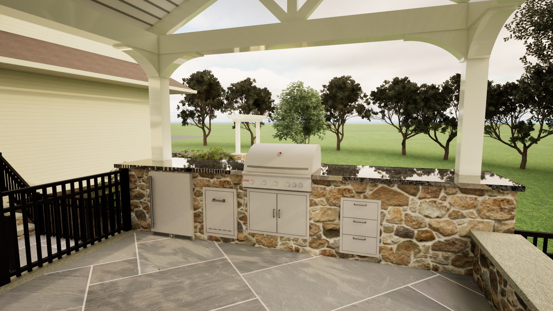 Realistic outdoor kitchen rendering with stone veneer, grill, cabinetry, and covered pavilion